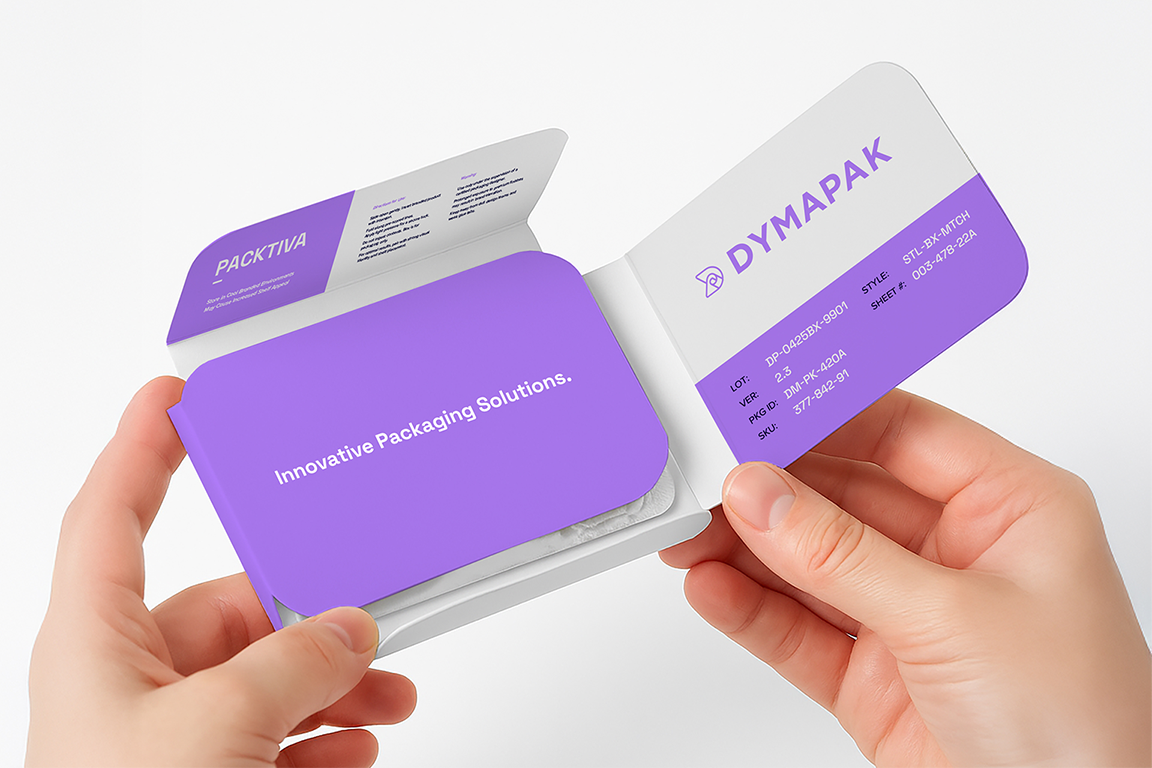 hands holding a folding Dymapak blister pack with light purple and white branding