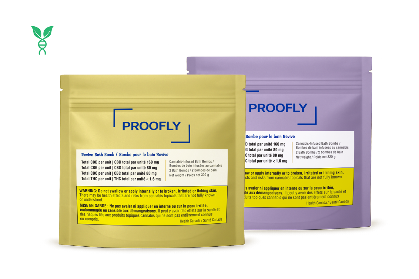Two canadian compliant securesack pouches with lupos biotechnology proofly branding and lupos logo in the top left corner
