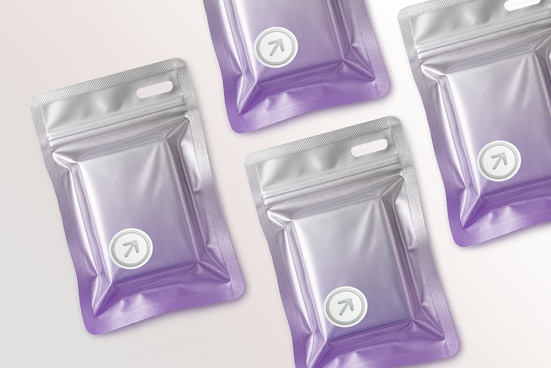 Dypamak SecureSack pouches in metallic silver with upward arrow graphics and green signifying cost savings