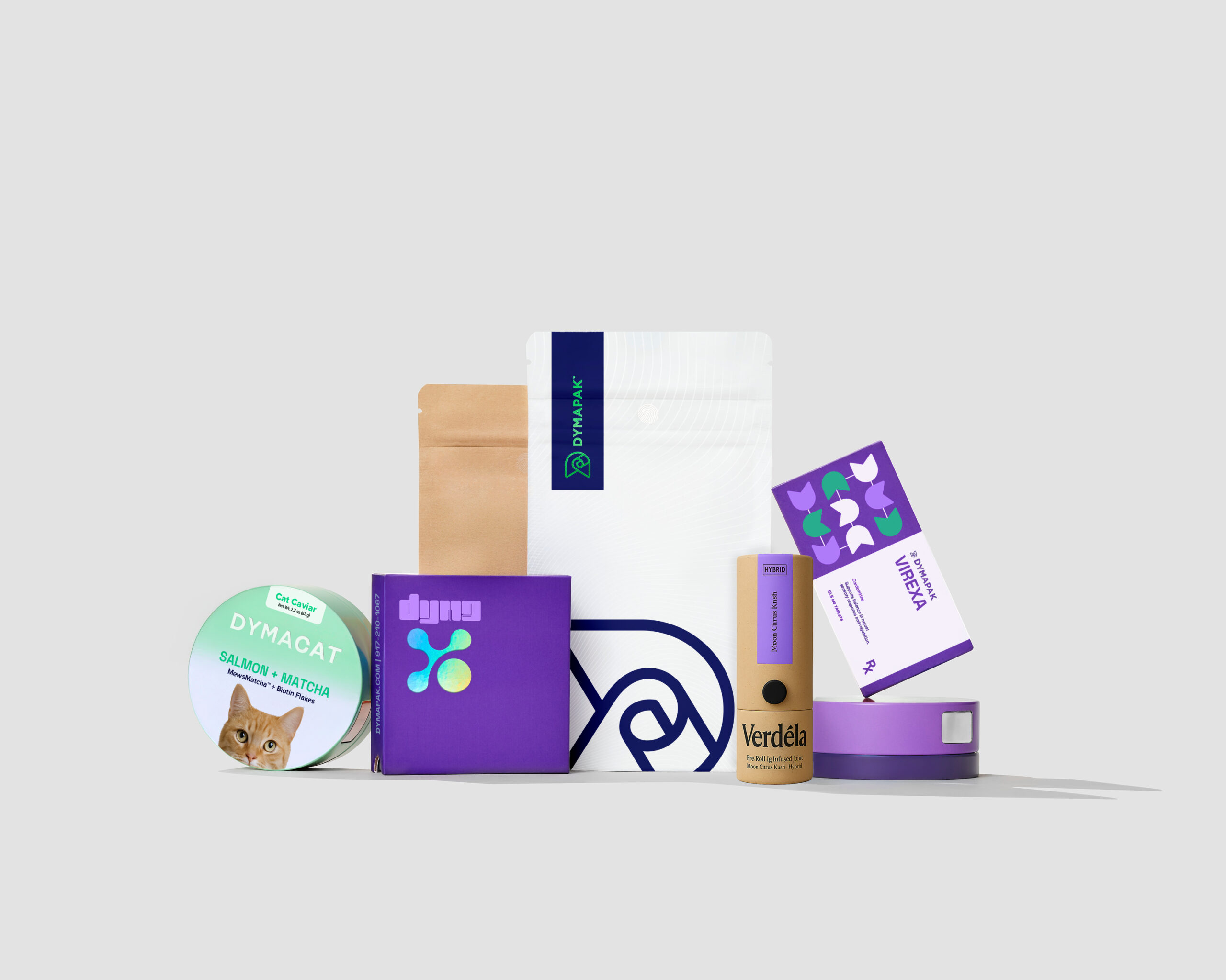 An artistic arrangement of Dymapak's Tins, Boxes, and Pouches with eye-catching branding and print effects across Pet Care, Pharmaceutical, Veterinary Supply, Cannabis, and Supplement sample designs