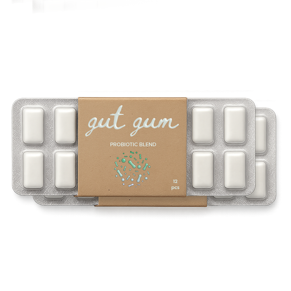 Kraft gum package with Gut Gum probiotic label shows that Dymapak SafeCard blister packs are ideal for supplements and unit dose medication