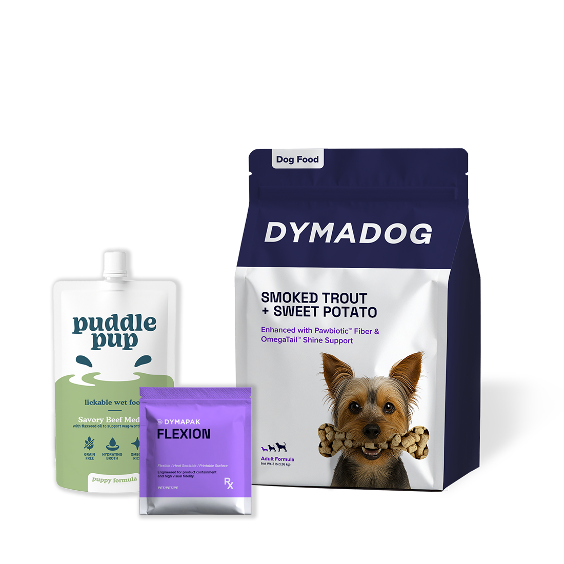 Child-Resistant pet medication pouch, dog food pouch, and spout pouch with pet treats and Dymapak branding in SecureSack veterinary and animal health packaging products