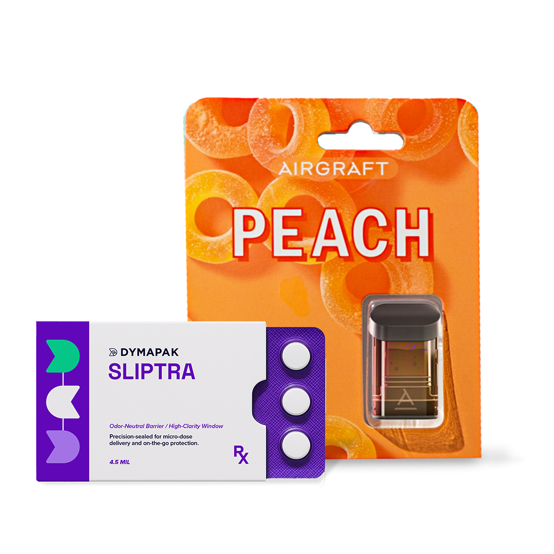 Dymapak Safe Card blister packaging used for unit-dose medications and Airgraft Vape Pods