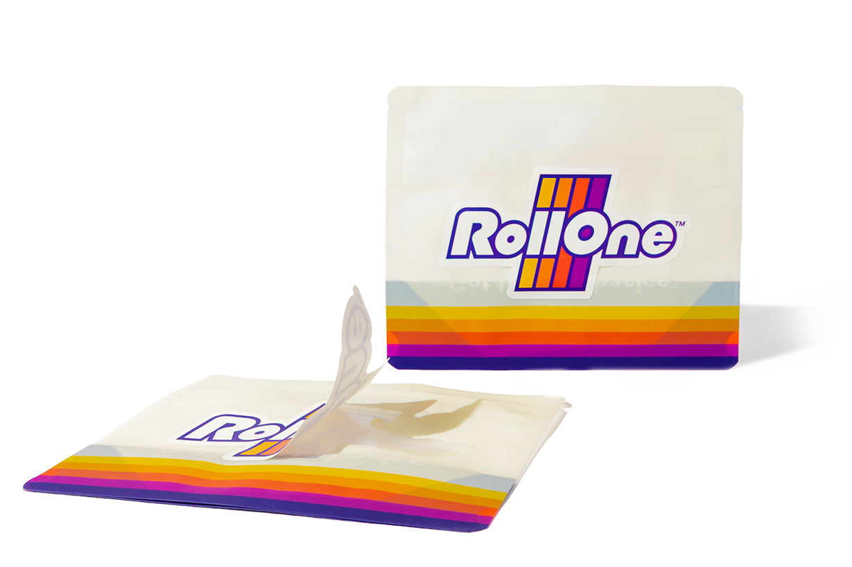 Dymapak secure sack pouch with Roll One branding. The Roll One logo is a sticker that can be pulled off