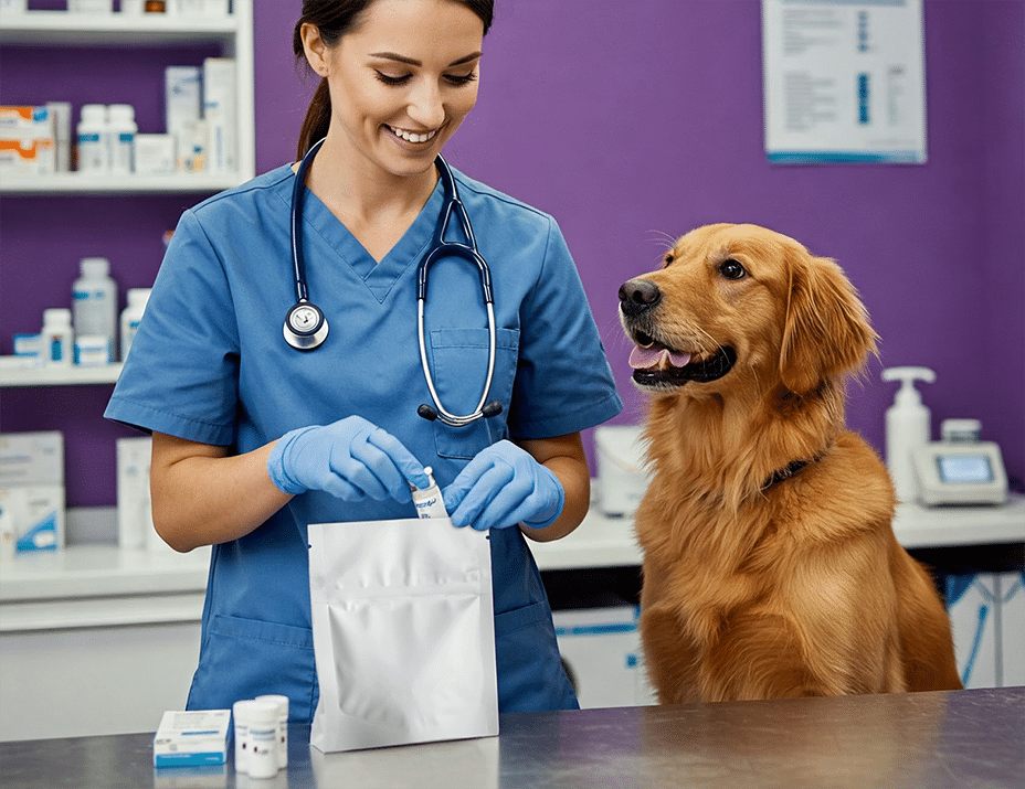 Veterinarian placing pet medicine into a white resealable pouch while a happy golden retriever watches