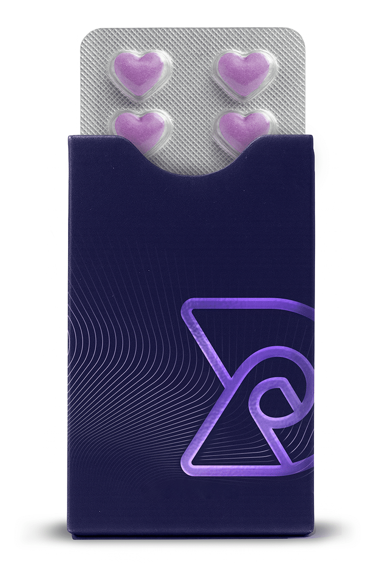 Dymapak Safe Card blister packaging with purple foil Dymapak logo and blister with pink heart pills peeking out