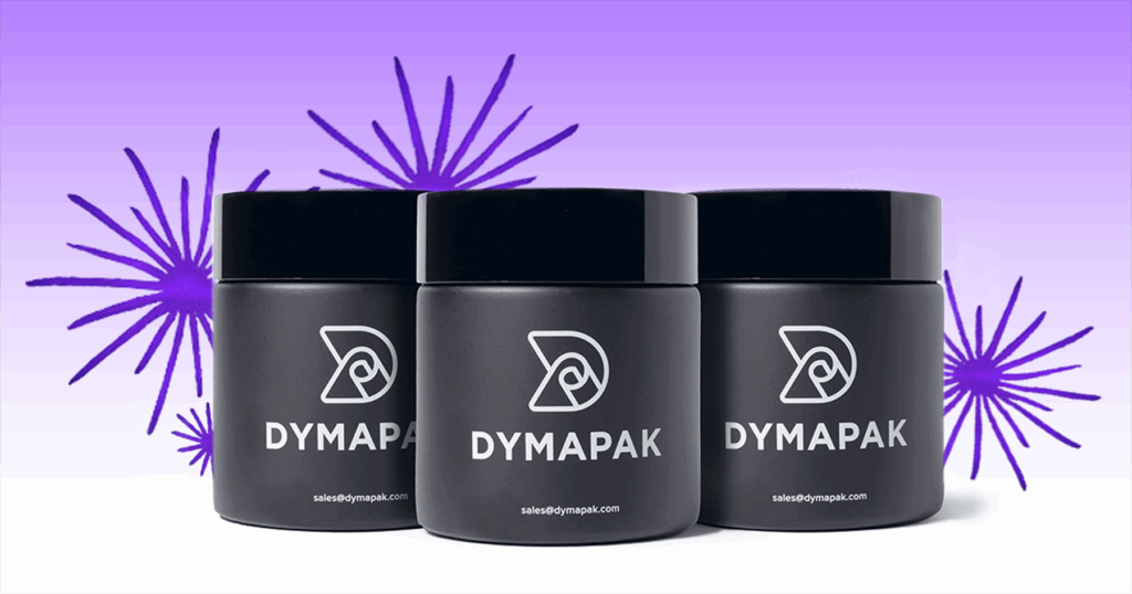 Three Dymapak Opaque Glass Jars arranged in a straight-on, heroic shot. Purple fireworks ignite in the background