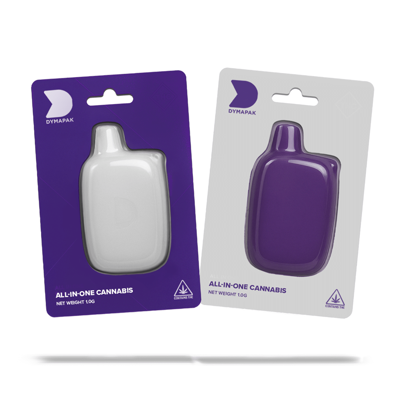 Disposable vape packaging in purple shades with opaque custom colored blisters fitted to a Dymapak Safe Card