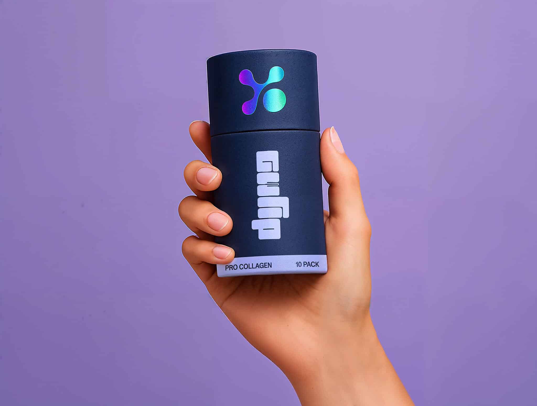 Dymapak paperboard tube for pro collagen supplement packaging. hot foil makes the brand stand out with custom effects