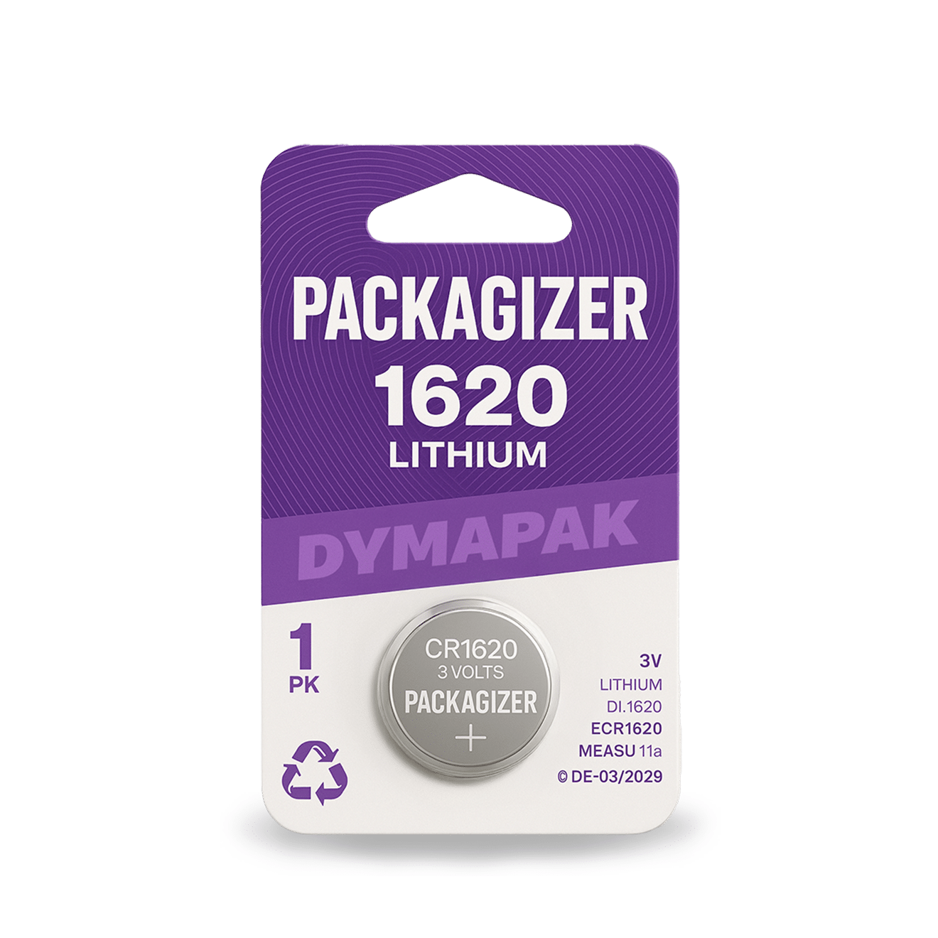 A Dymapak Safe Card with a hang hole. It contains one coin-cell battery