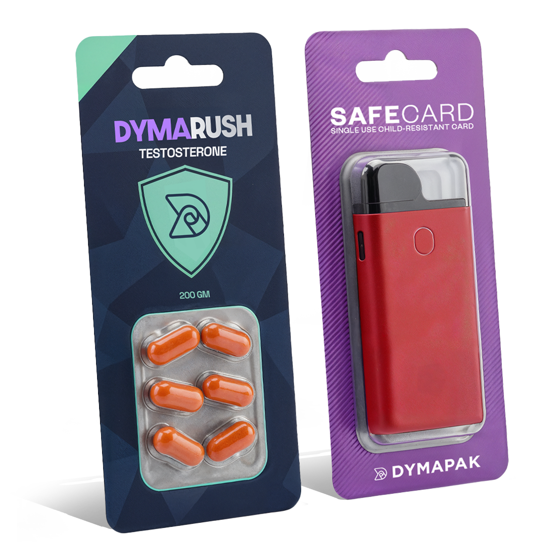 Two Dymapak Safe Card child-resistant blister packs. One is labeled DymaRush and holds some OTC meds. Another is holding a disposable electronic vape