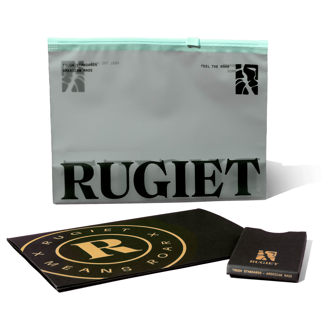 Rugiet Slider Zip bag, welcome note, and hot foil stamped blister sleeve produced by Dymapak