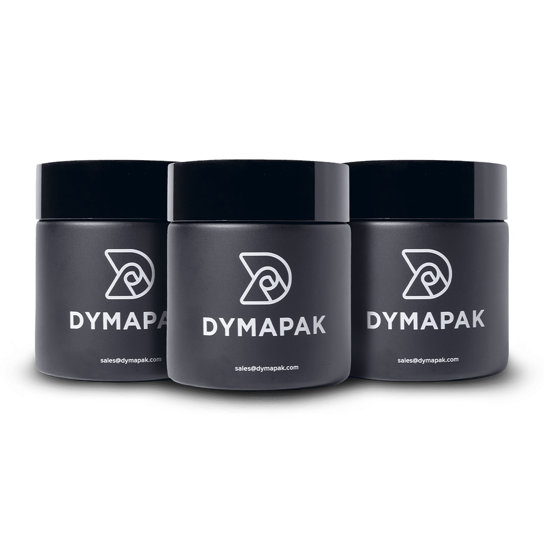 Three opaque black glass chars with Child-Resistant closure and Dymapak direct printed graphics