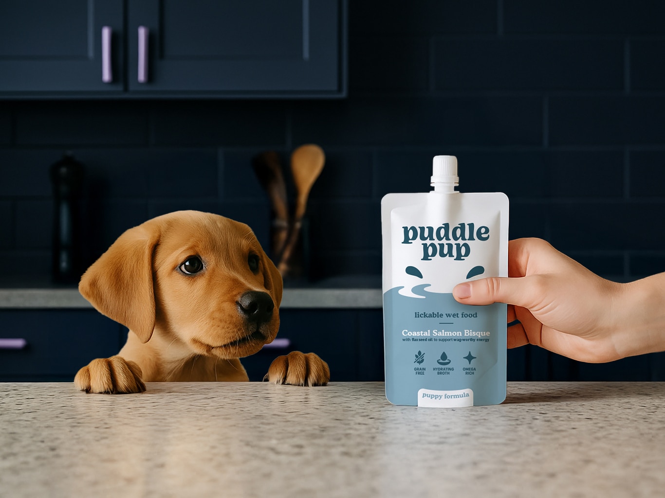 Puppy at kitchen counter looking at a spout pouch of premium wet dog food labeled Puddle Pup