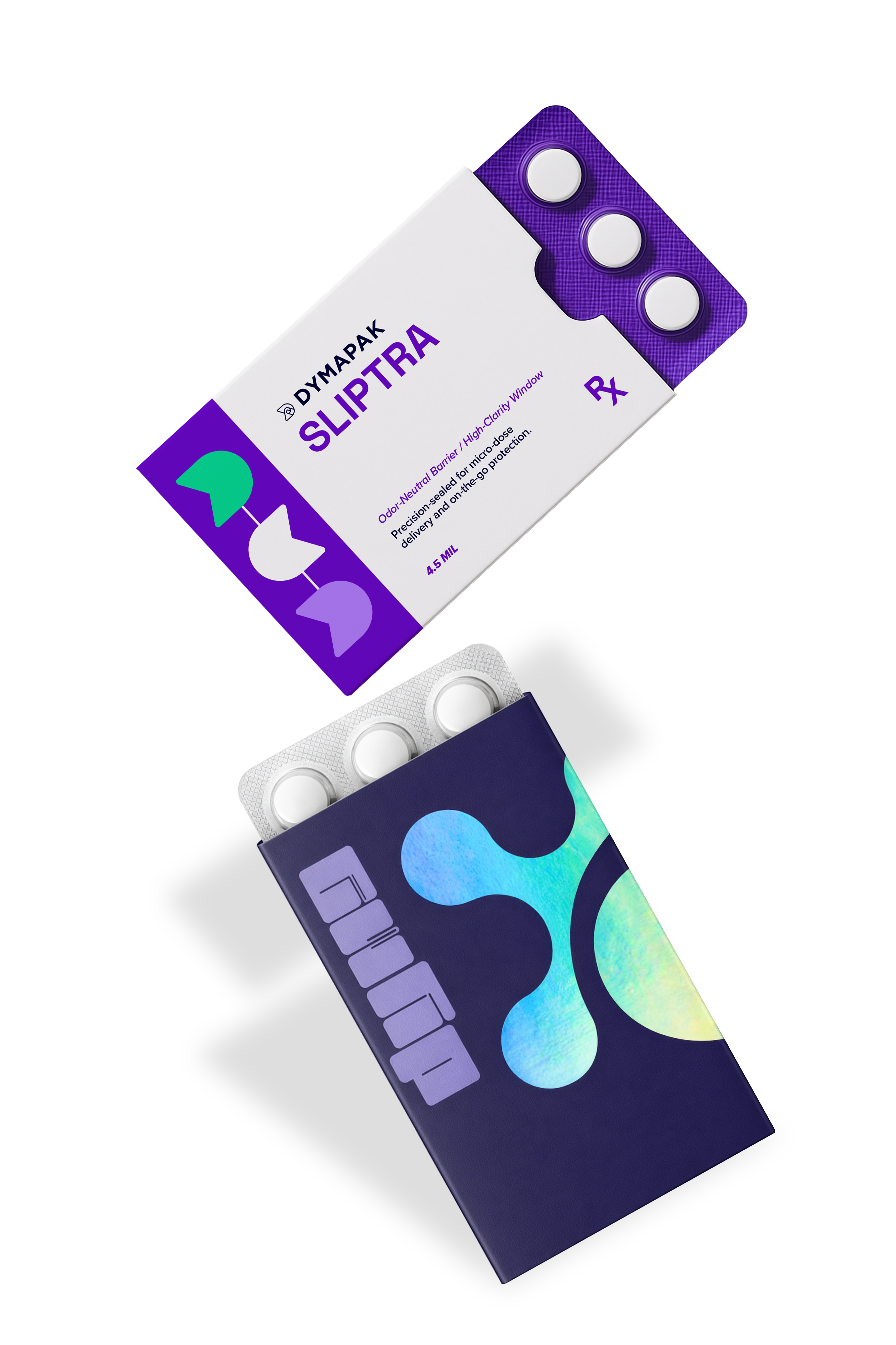 Two Dymapak custom blister sleeves, one floating above the other. The topmost blister is packages pharmaceutical medications, and the bottom blister uses holographic stamping and decoration. Aluminum blisters emerge from the custom blister packaging used for secure retail packaging of small consumer goods, supplements, or regulated products requiring visibility and protection.