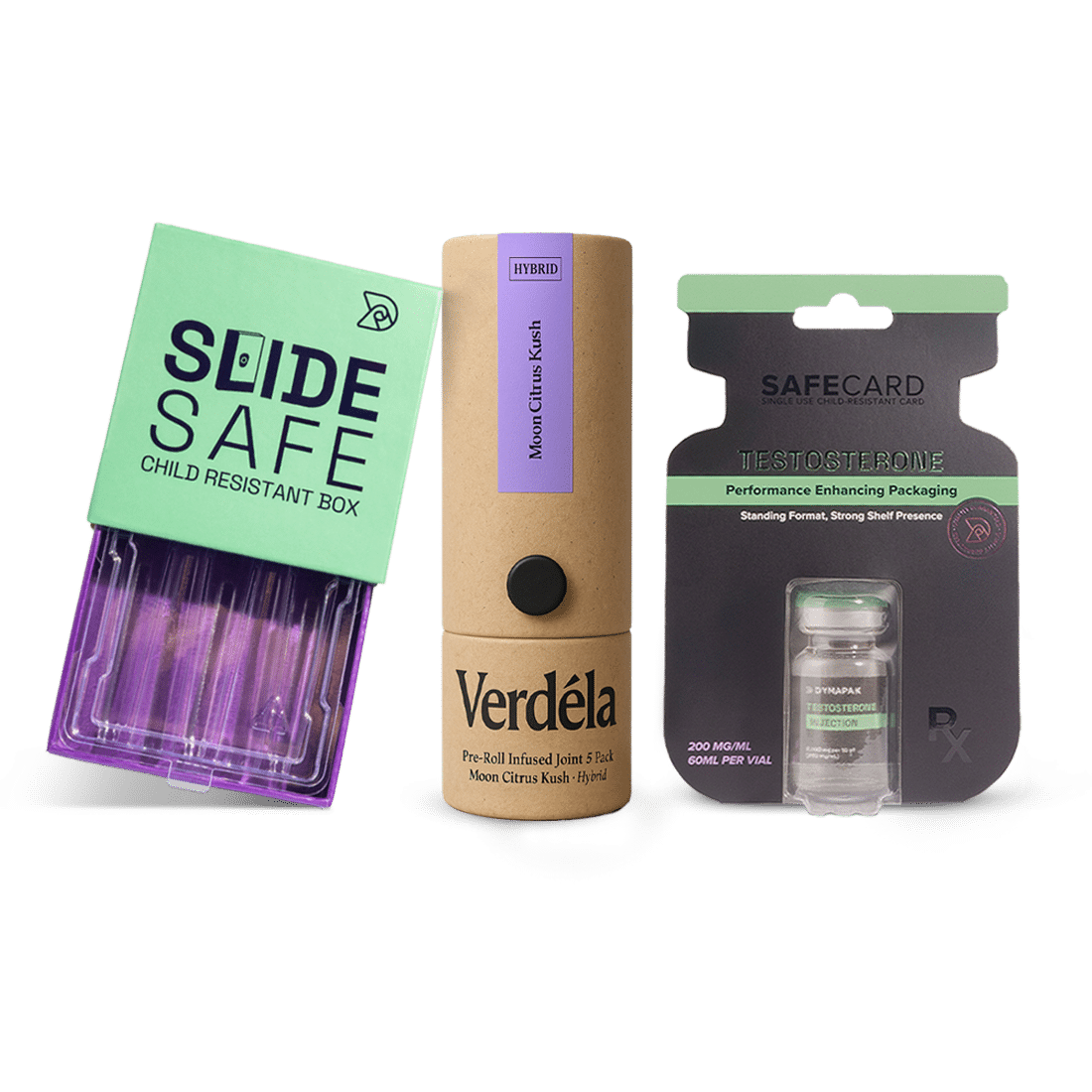 Dymapak Side safe box, paper tube, and Safe Card vial packaging