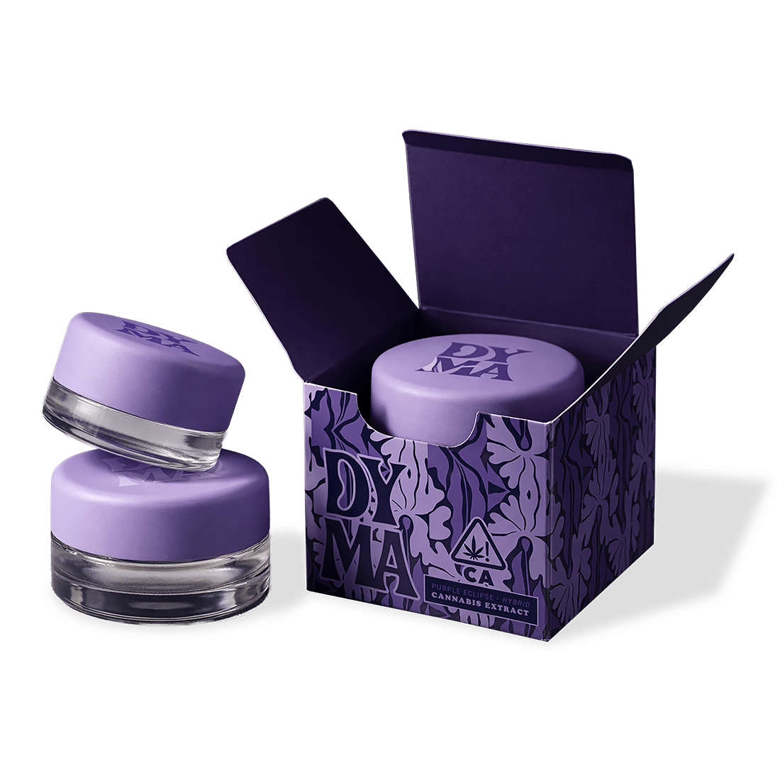 Custom Dymapak cannabis concentrate packaging featuring a printed folding carton paired with small glass concentrate jars. Designed for regulated cannabis markets, this custom box supports compliant labeling, premium shelf presence, and protective secondary packaging for dabs, extracts, and infused products.
