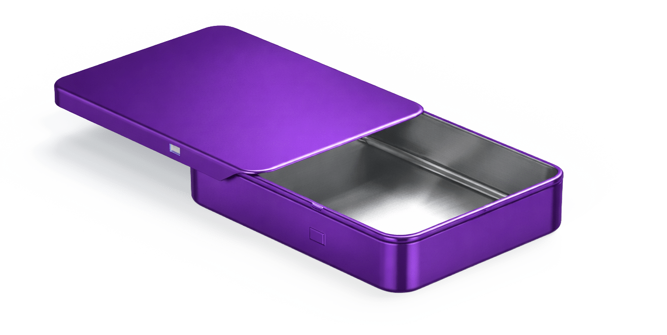 Wide-format purple Dymapak custom tin packaging (3.31