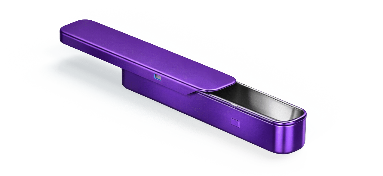 Slim purple Dymapak Squeeze & Slide Child-Resistant tin packaging (4.13