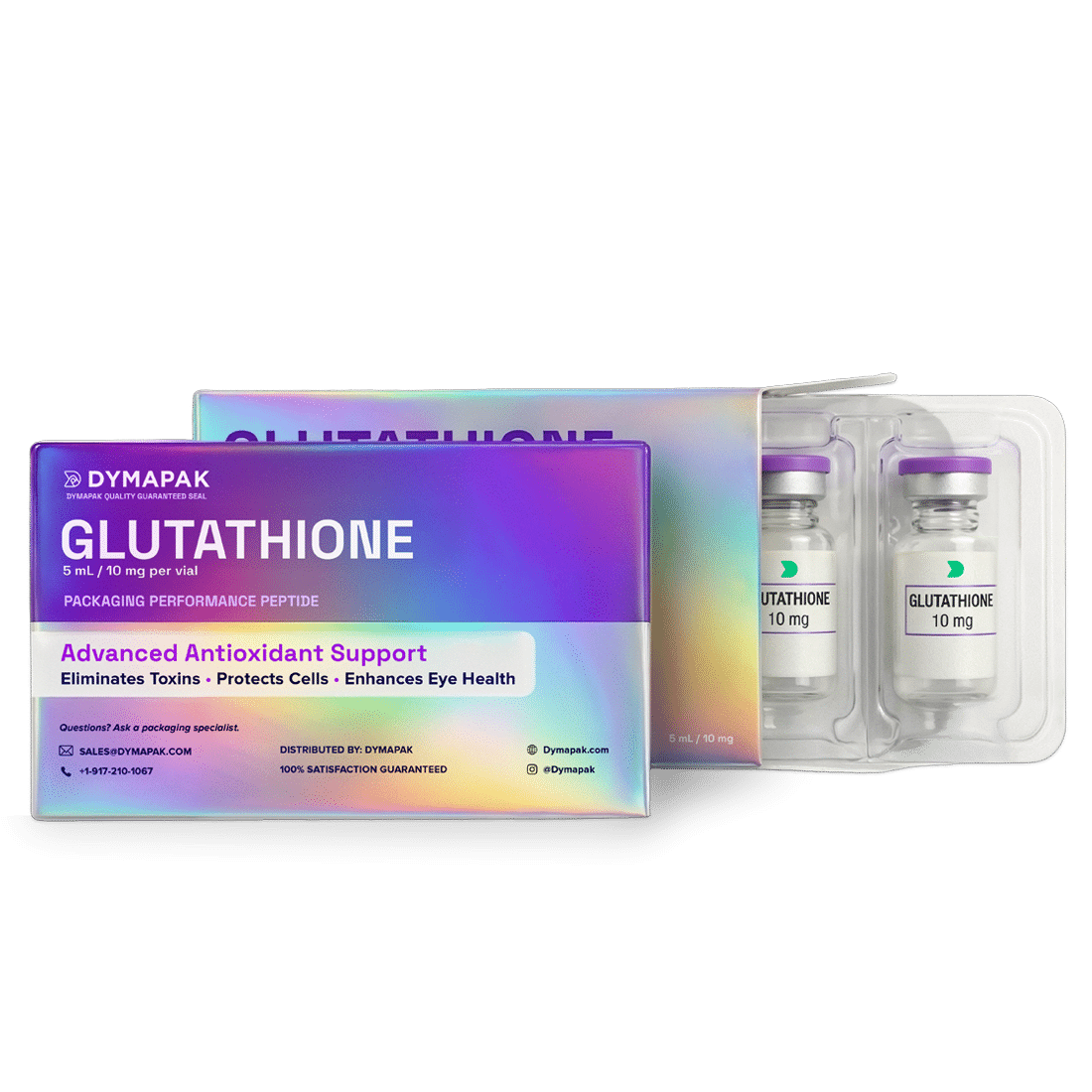 Custom Dymapak folding carton for pharmaceutical vial packaging featuring a holographic finish and internal thermoformed blister insert holding injectable glutathione glass vials. Designed for pharmaceutical, IV therapy, and medical wellness applications, this custom box protects fragile vials while delivering compliant, retail-ready presentation and secure secondary packaging.