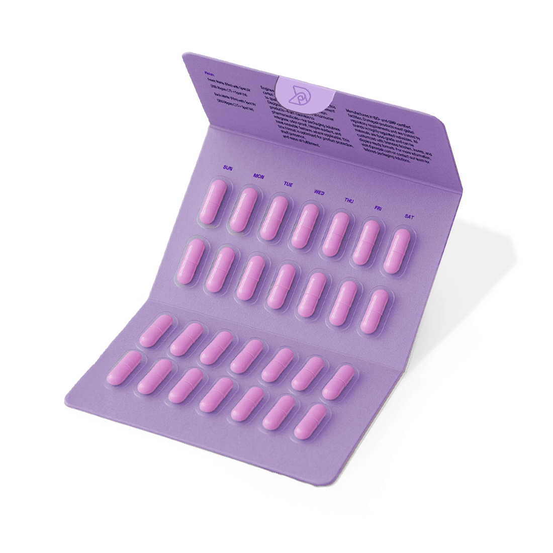 Open trifold blister sleeve with multiple pink capsules secured in thermoformed blister packaging, designed for organized dosing and branded pharmaceutical presentation.