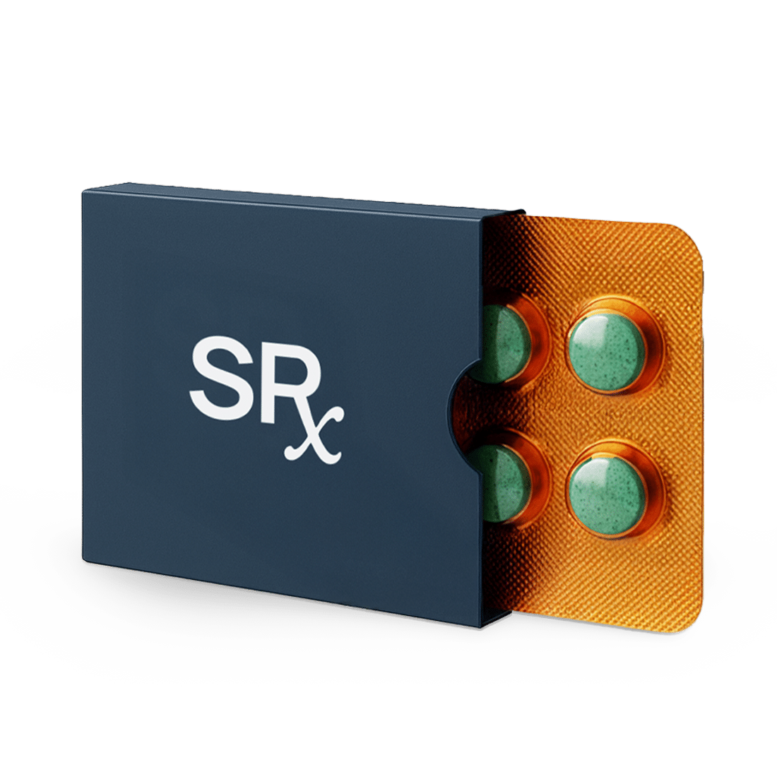 Custom, rigid blister sleeve with partially exposed blister pack featuring green tablets in orange foil, demonstrating Dymapak’s 50% recycled paperboard sleeves for unit-dose medications.