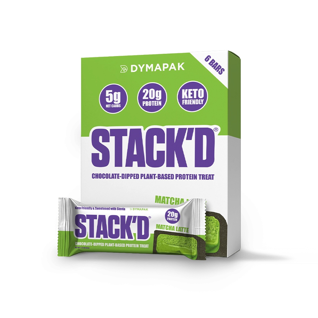 Custom Dymapak folding carton for protein and supplement packaging displayed with a wrapped plant-based snack bar. This printed paperboard carton is designed for nutraceutical, functional food, and CPG brands seeking retail-ready supplement and food boxes that support branding, compliance labeling, and efficient fulfillment.