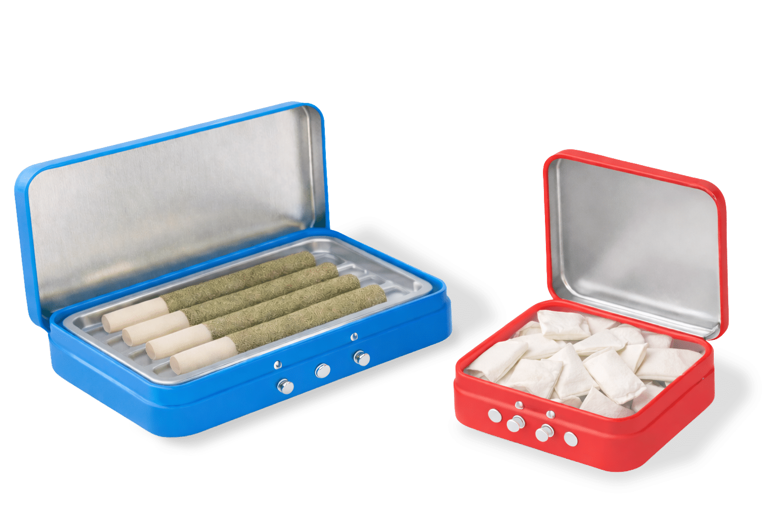 Dymapak Squeeze & Pop Child-Resistant tin packaging shown open in blue and red steel finishes, featuring reusable, sustainable custom tin design for pre-rolls, pouches, and regulated products.