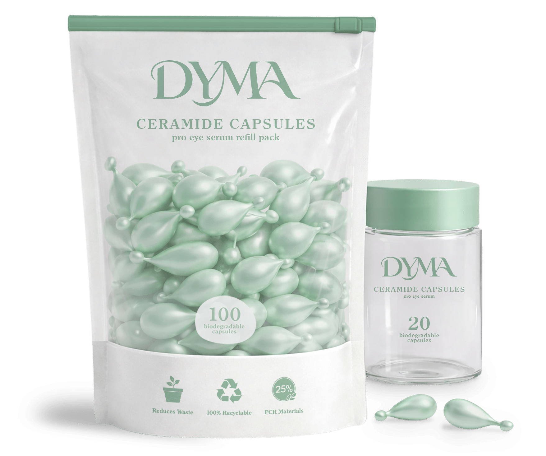 Custom Dymapak sliding zipper pouch with Ziploc-style resealable closure designed for sustainable refill packaging. The matte, frosted slide zip bag contains green ceramide capsules and stands upright for retail or DTC skincare fulfillment. Ideal for beauty, wellness, supplement, and pharmaceutical refill programs, the pouch supports reduced waste initiatives while maintaining product freshness and barrier protection.