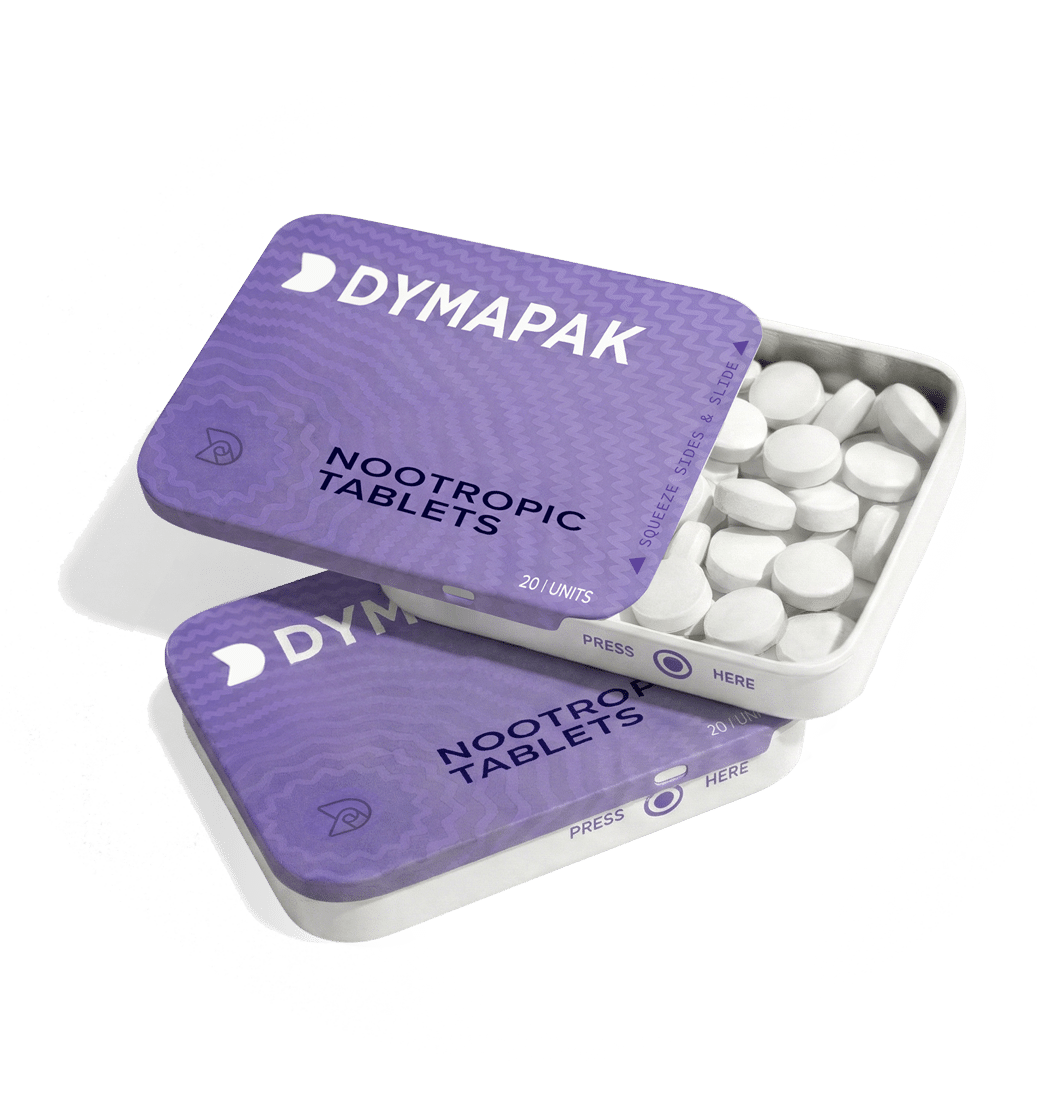Dymapak Squeeze and Slide Child-Resistant tins with nootropic mints inside