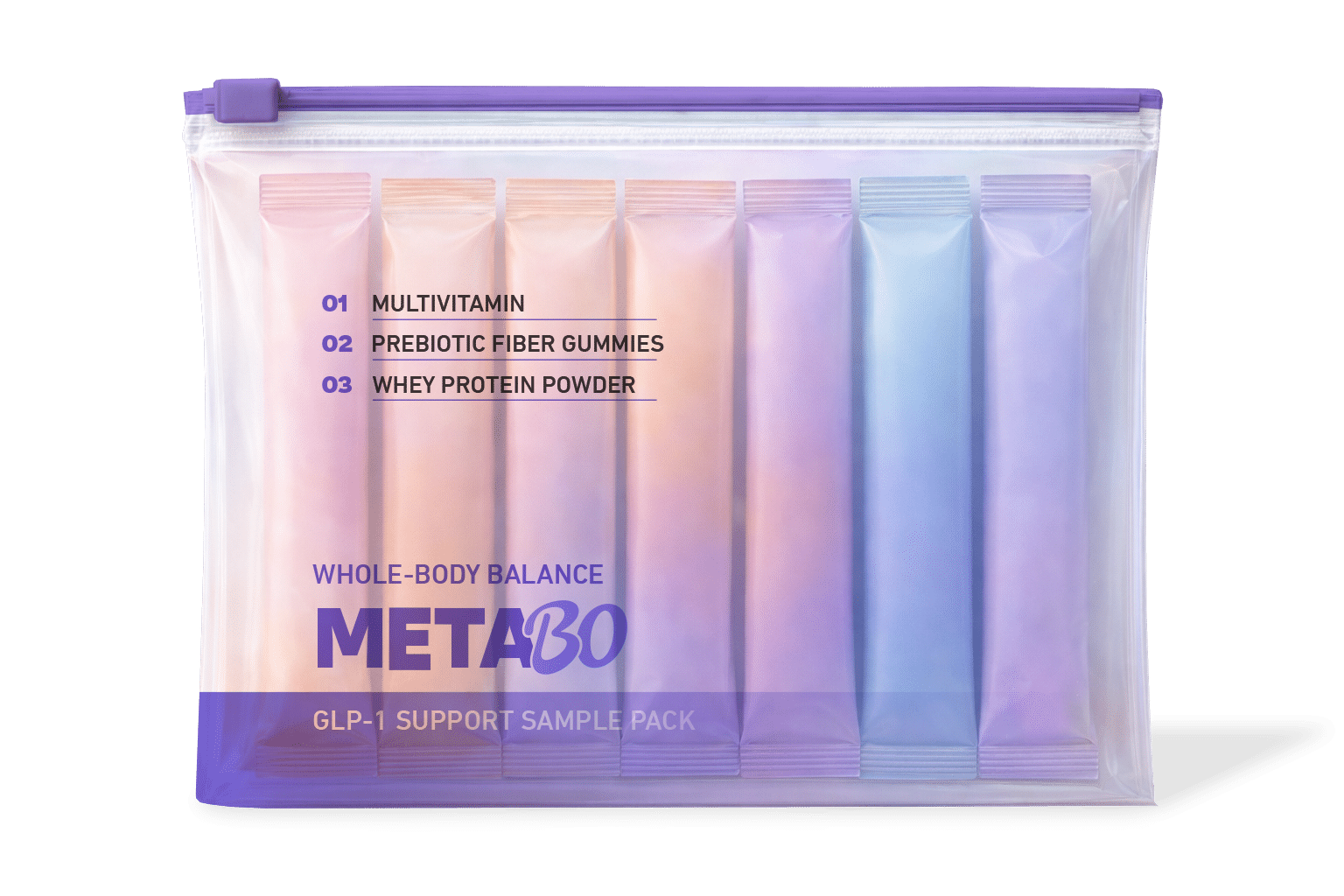 Custom Dymapak slide zip pouch with purple sliding zipper closure, featuring a translucent film that displays single-use stick packs inside. This sliding zipper bag is designed for GLP-1 support sample kits containing multivitamins, prebiotic gummies, and whey protein powder. Ideal for telemedicine brands, subscription wellness companies, and pharmaceutical sampling programs, the resealable Ziploc-style pouch supports organized fulfillment, patient onboarding, and premium direct-to-consumer delivery.