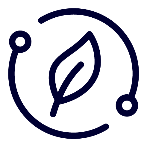 Dymapak sustainable packaging icon with leaf and moving circle motif to signify plastic-free designs and curbside recyclable packaging