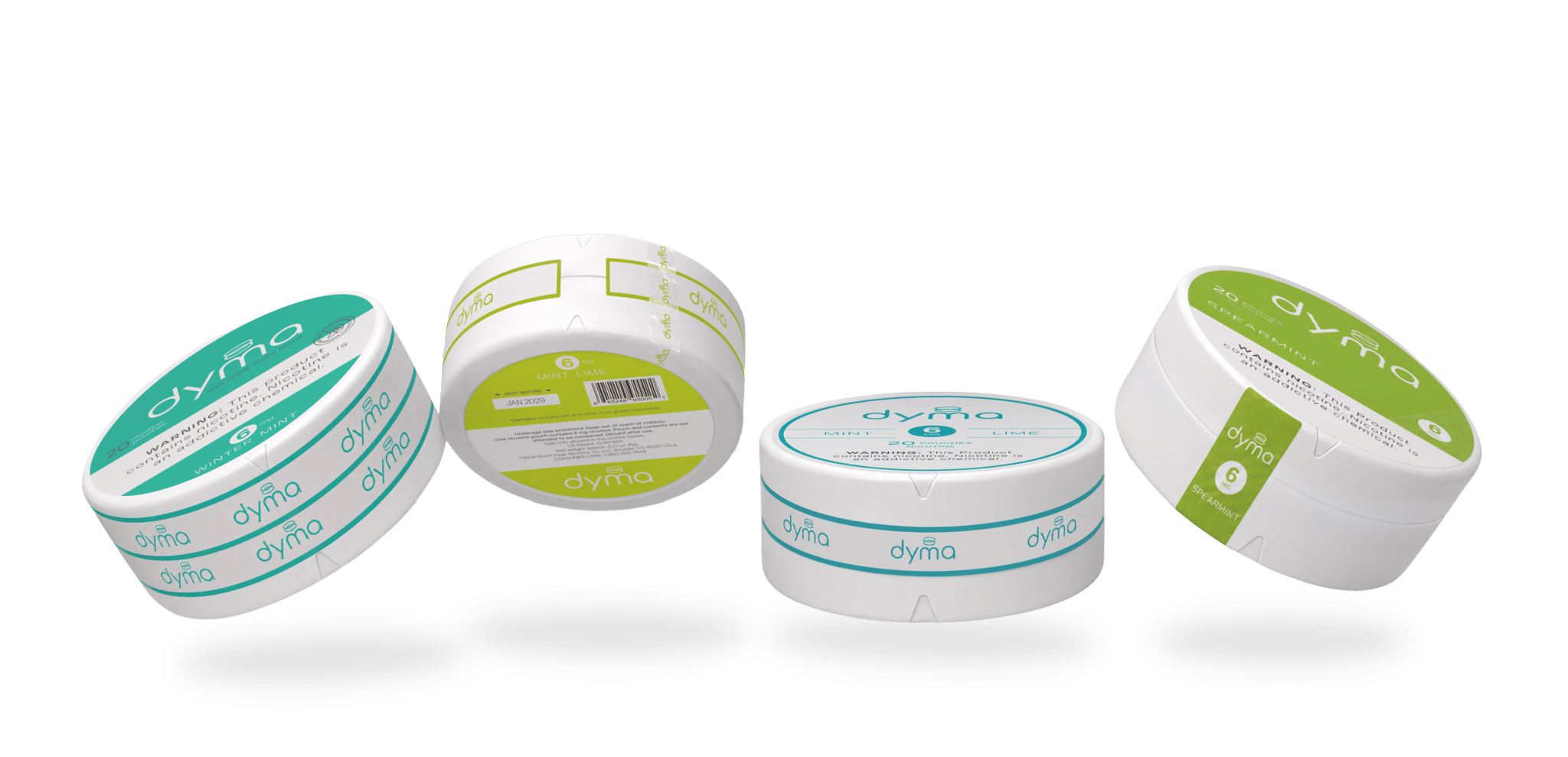 Dymapak Secure Can label application slide showing floating nicotine cans with top, bottom, and wraparound labels for nicotine packaging, cannabis packaging, nicotine pucks, and edible containers.