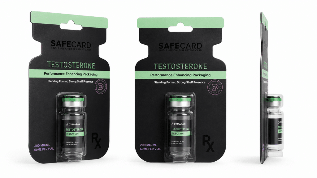 Safe Card™ child-resistant packaging for testosterone injection vials. Rigid card-back with a tailor-made blister, mailer-ready for telemedicine brands.