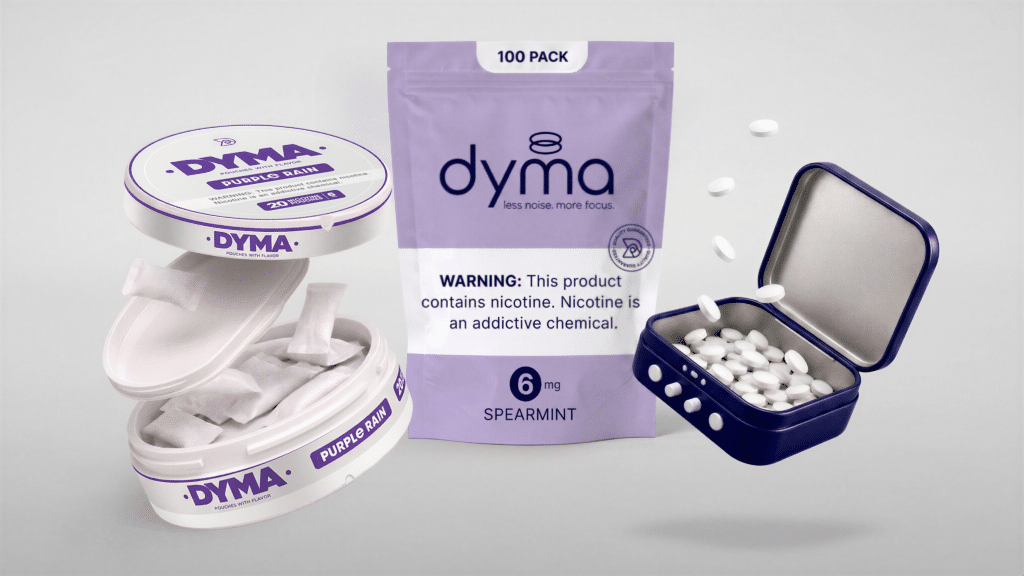 Dymapak's nicotine packaging lineup, including Secure Can for nicotine pouches, Secure Sack child-resistant pouches for bulk nicotine pouch packs, and Squeeze & Turn Tins engineered for nicotine lozenges