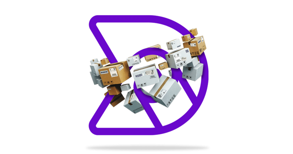 Shipping boxes orbiting a purple Dymapak logo to represent our global supply chain